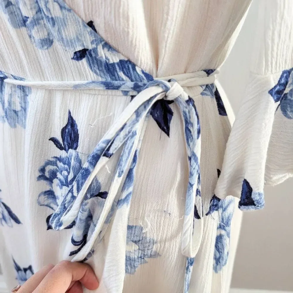 Lulus Pretty Peony Blue and White Floral Print Wrap Dress